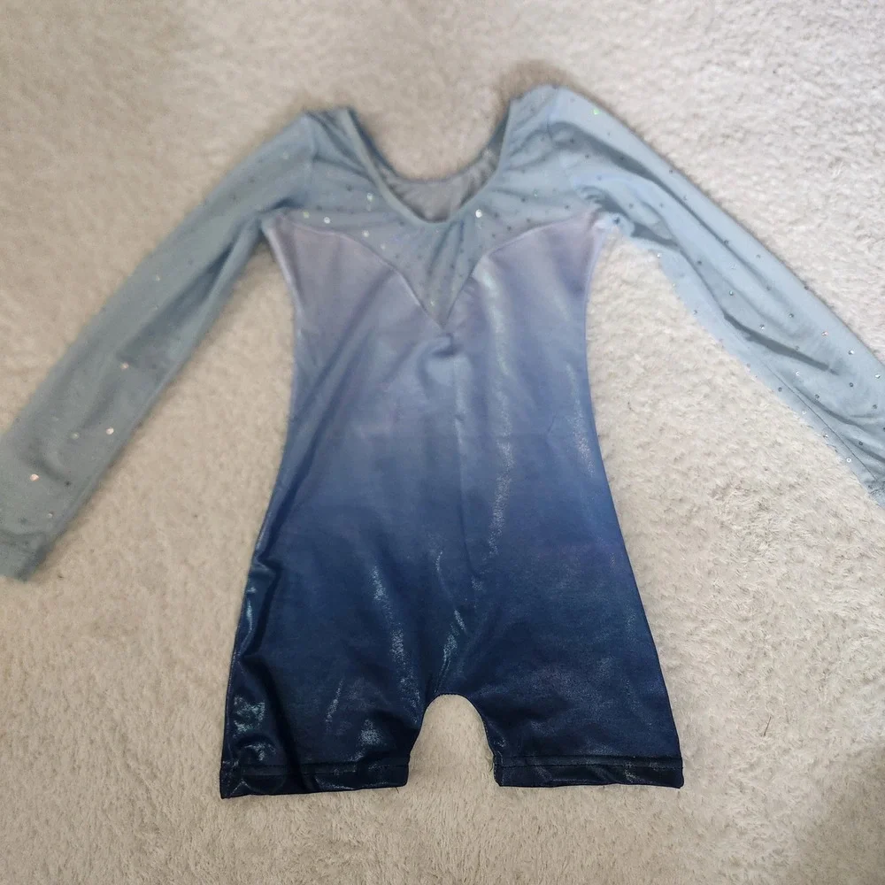 Girls Blue Ombre Rhinestone Long Sleeve Gymnastics Leotard Biketard Size 110